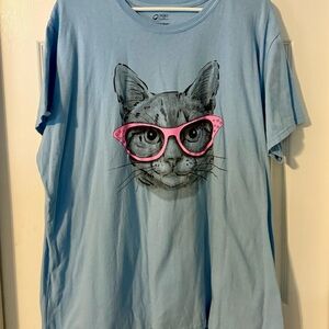 Cat Graphic T-Shirt - Blue with Pink Glasses